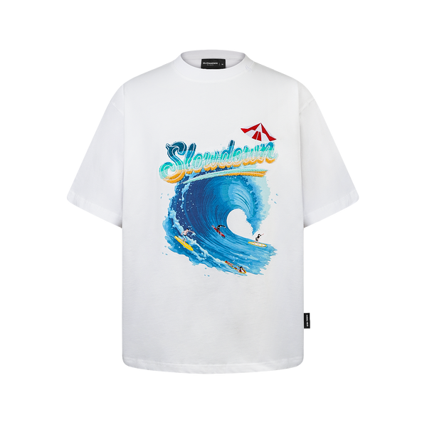 SLOWDOWN Sea Surfing Towel Embroidery White Tee