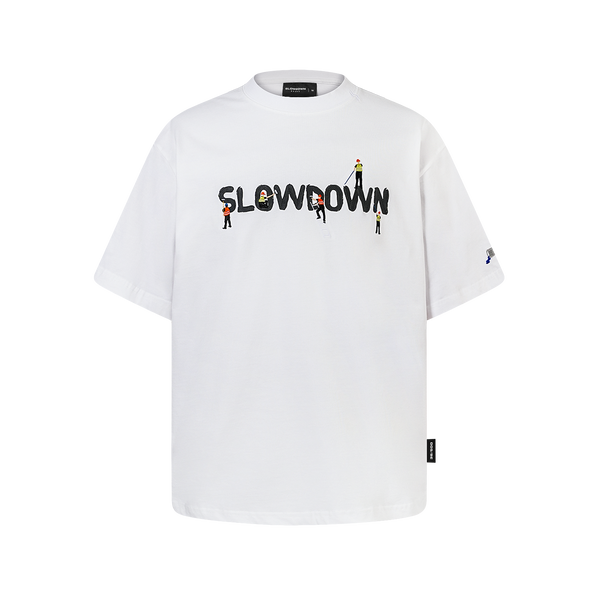 SLOWDOWN Painter-Inspired 3D Puff Embroidery White Tee