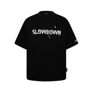 SLOWDOWN Painter-Inspired 3D Puff Embroidery Black Tee