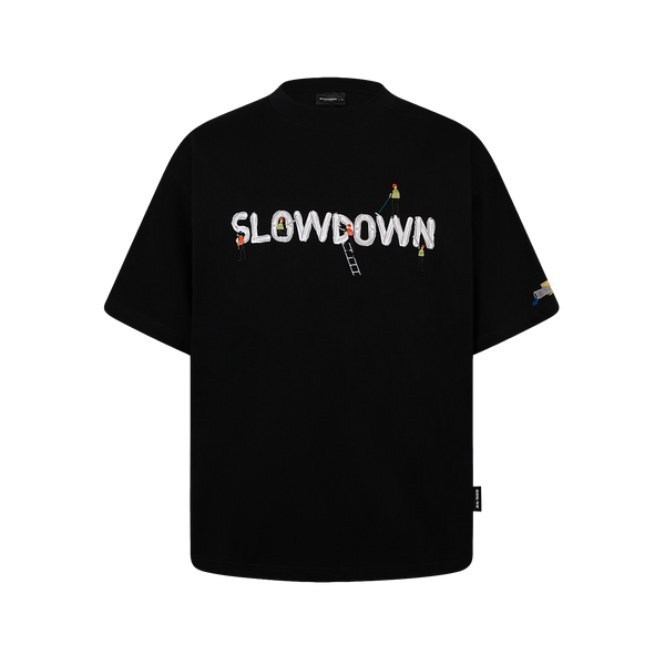 SLOWDOWN Painter-Inspired 3D Puff Embroidery Black Tee