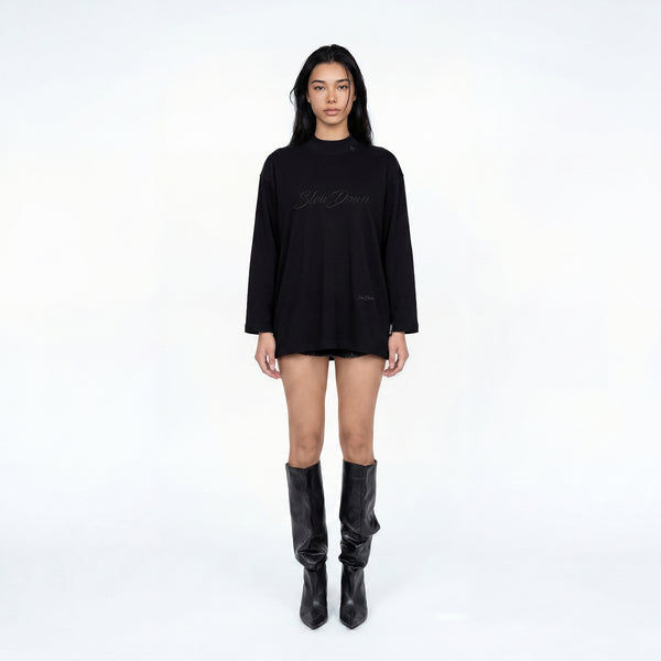 SLOWDOWN 3D Embroidery Black Long Sleeve Tee