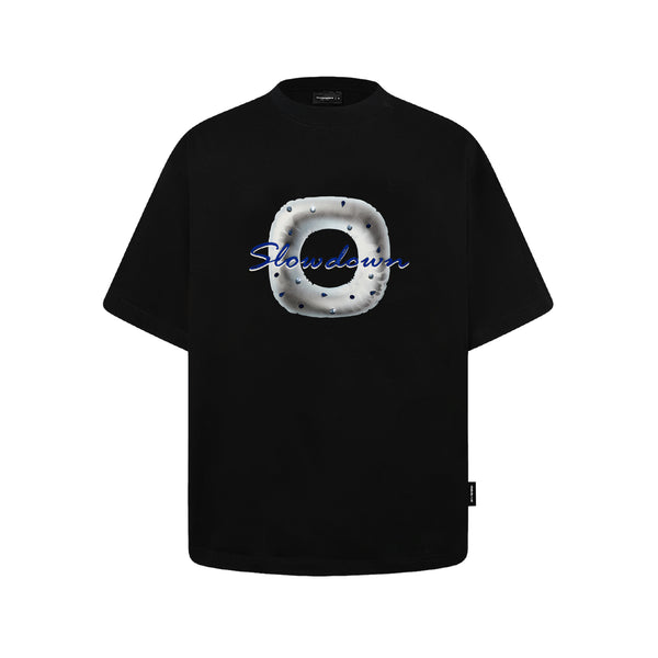 SLOWDOWN 3D Rhinestone & Flocked Lifebouy Black Tee