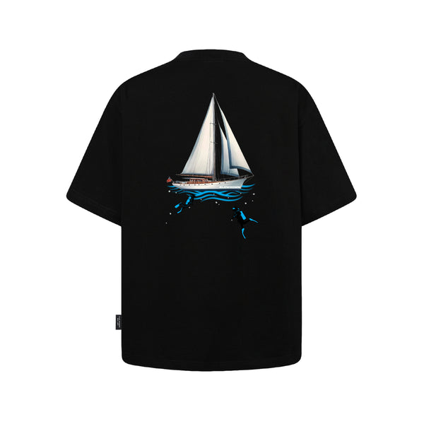 SLOWDOWN 3D Diver Embroidery Rhinestone Embellished Black Tee