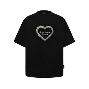 SLOWDOWN Qixi Exclusive 3D Heart Beaded & Rhinestone Embellished Black Tee
