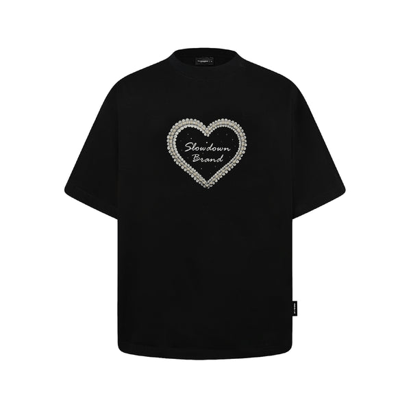 SLOWDOWN Qixi Exclusive 3D Heart Beaded & Rhinestone Embellished Black Tee