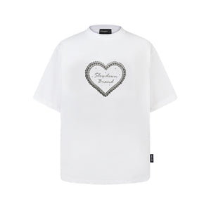 SLOWDOWN Qixi Exclusive 3D Heart Beaded & Rhinestone Embellished White Tee