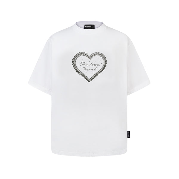 SLOWDOWN Qixi Exclusive 3D Heart Beaded & Rhinestone Embellished White Tee