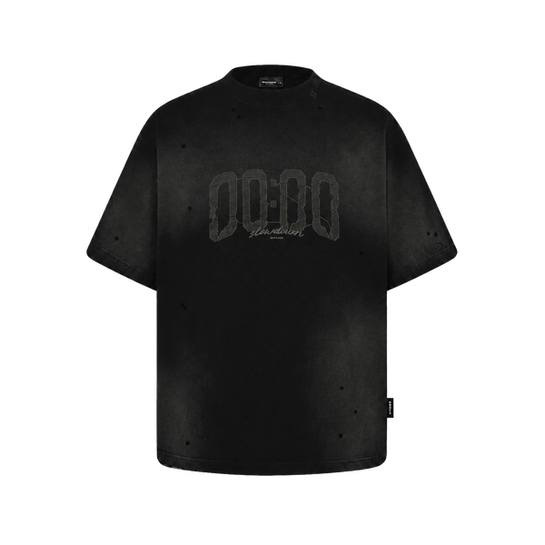 SLOWDOWN Hour Embroidered Black Tee