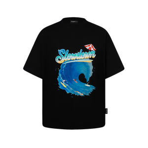 SLOWDOWN Sea Surfing Towel Embroidery Black Tee