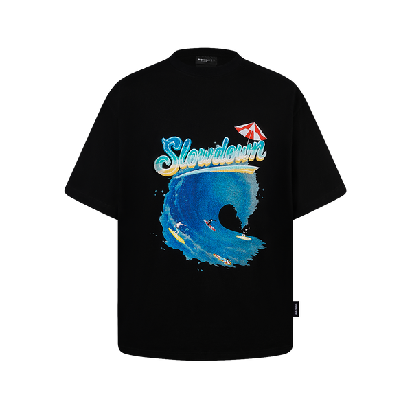 SLOWDOWN Sea Surfing Towel Embroidery Black Tee