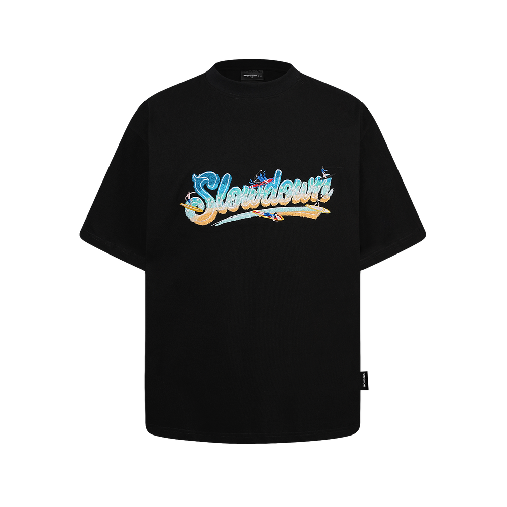 SLOWDOWN Surfing Towel Embroidery Black Tee