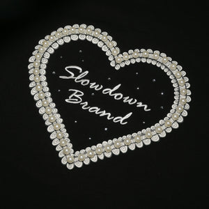SLOWDOWN Qixi Exclusive 3D Heart Beaded & Rhinestone Embellished Black Tee