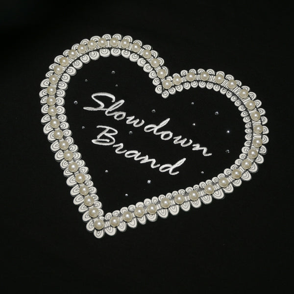 SLOWDOWN Qixi Exclusive 3D Heart Beaded & Rhinestone Embellished Black Tee