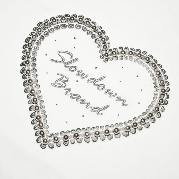 SLOWDOWN Qixi Exclusive 3D Heart Beaded & Rhinestone Embellished White Tee