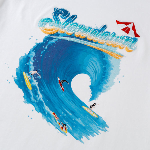 SLOWDOWN Sea Surfing Towel Embroidery White Tee