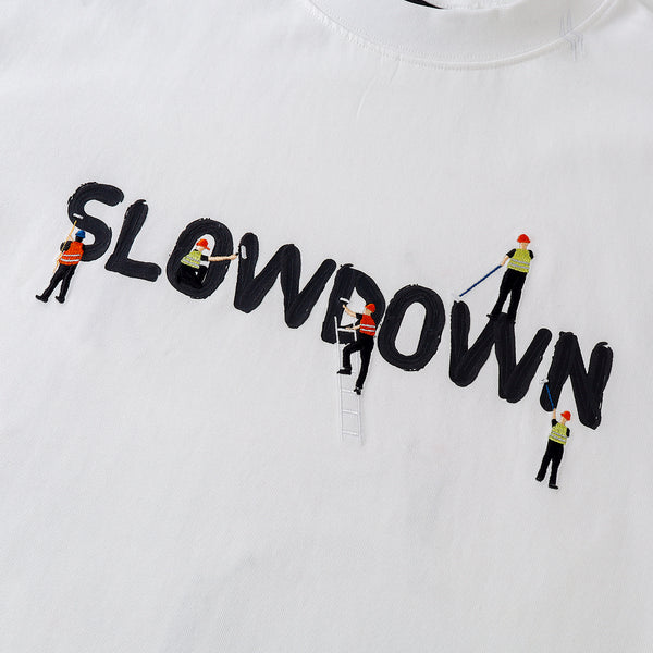 SLOWDOWN Painter-Inspired 3D Puff Embroidery White Tee